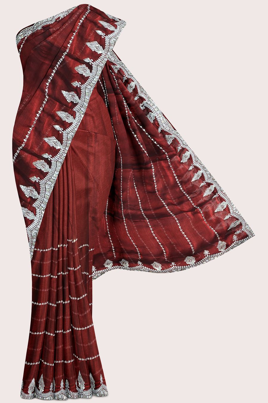 Glass Tissue Scallop Border And Doriya Lines Bright Maroon Saree