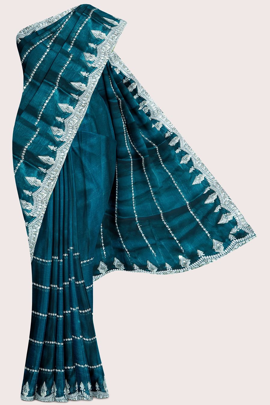 Glass Tissue Scallop Border And Doriya Lines Peacock Green Saree