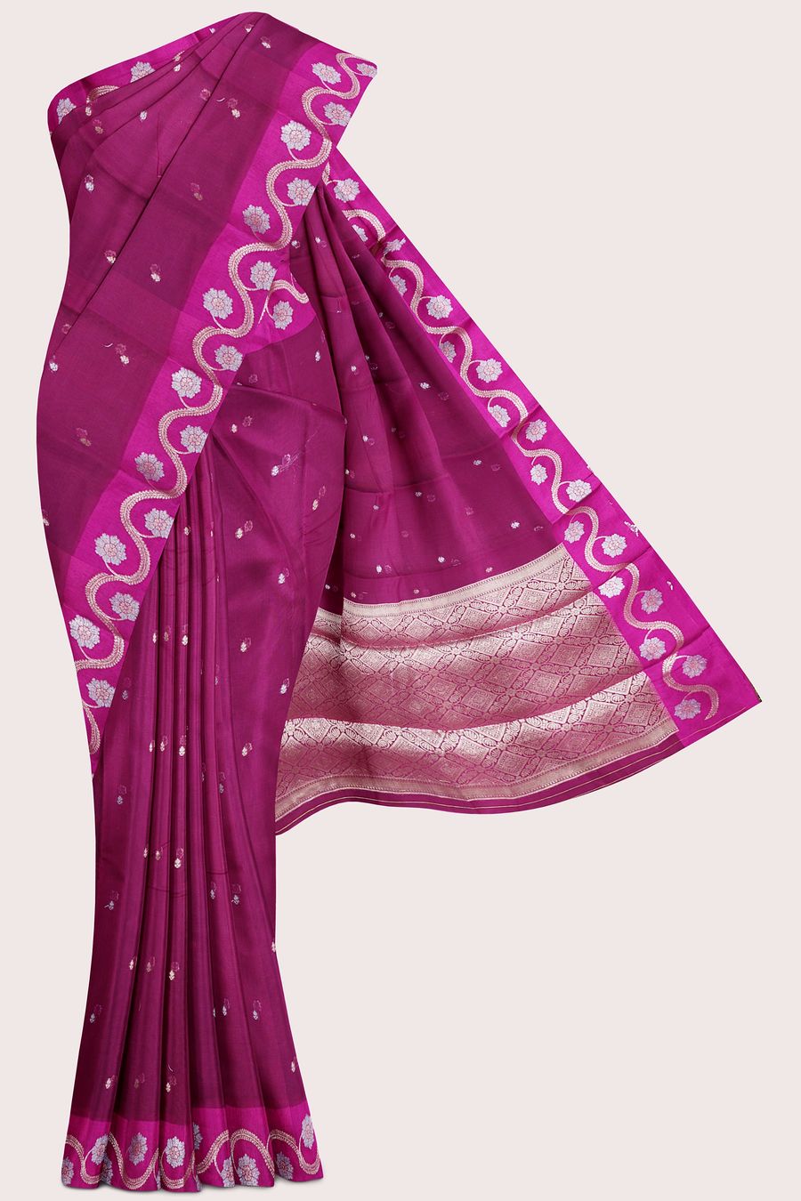 Chanderi Silk Silver And Gold Zari Weaving And Butti Design Dark Magenta Pink Saree