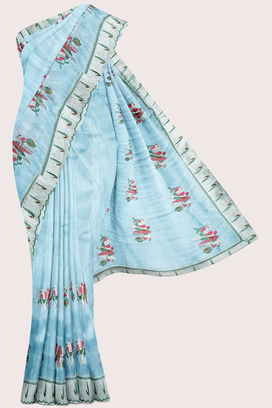 Tissue Muniya Border And Embroidery Work Sky Blue Saree