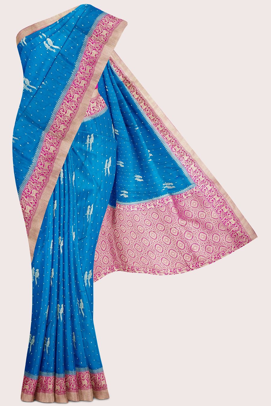 Mashru Georgette Gold Zari Bird Design Bright Blue With Pink Saree