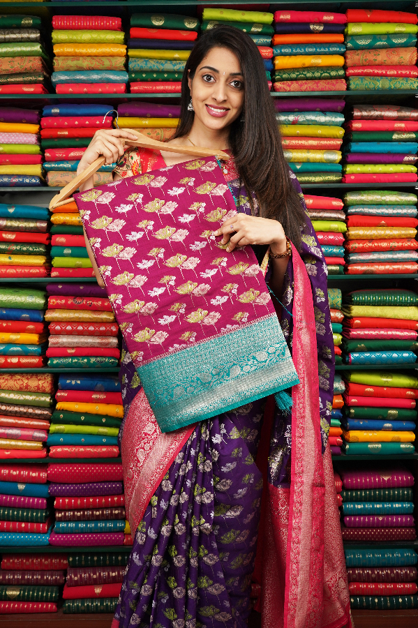 Mashru Silk Floral Butta MagenthaPink And SeaGreen Saree
