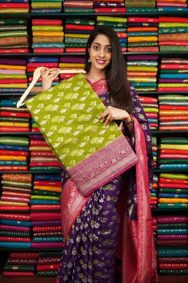 Mashru Silk Floral Butta Green And Dark Pink Saree