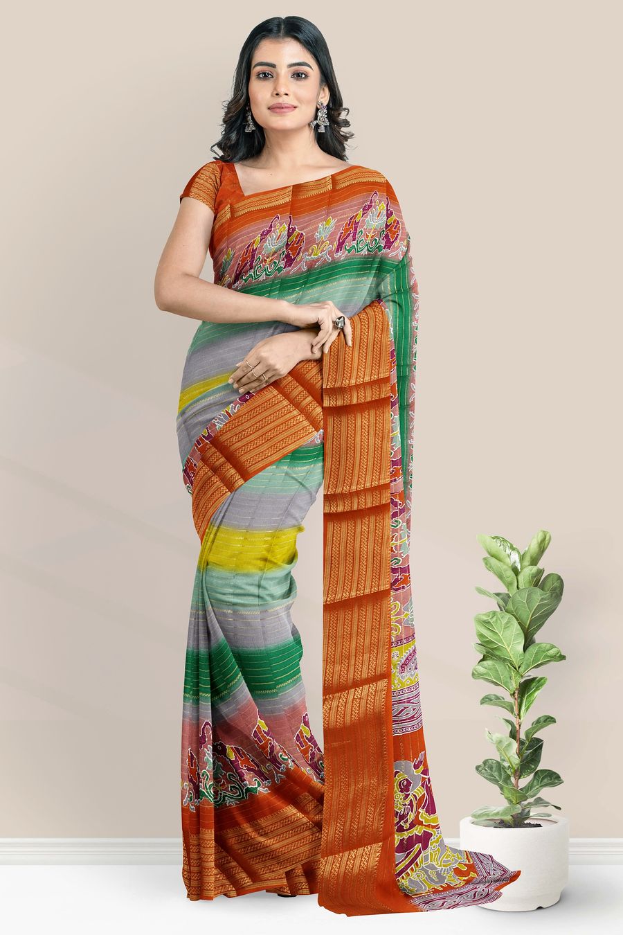 Geogette Gold Zari Weaving Lines And Printed Design Brick Red Saree