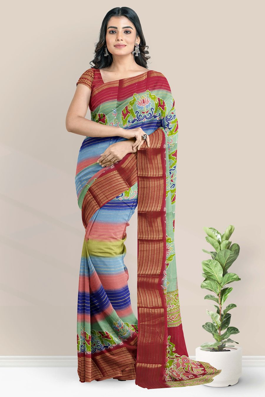 Geogette Gold Zari Weaving Lines And Printed Design Bright Maroon Saree