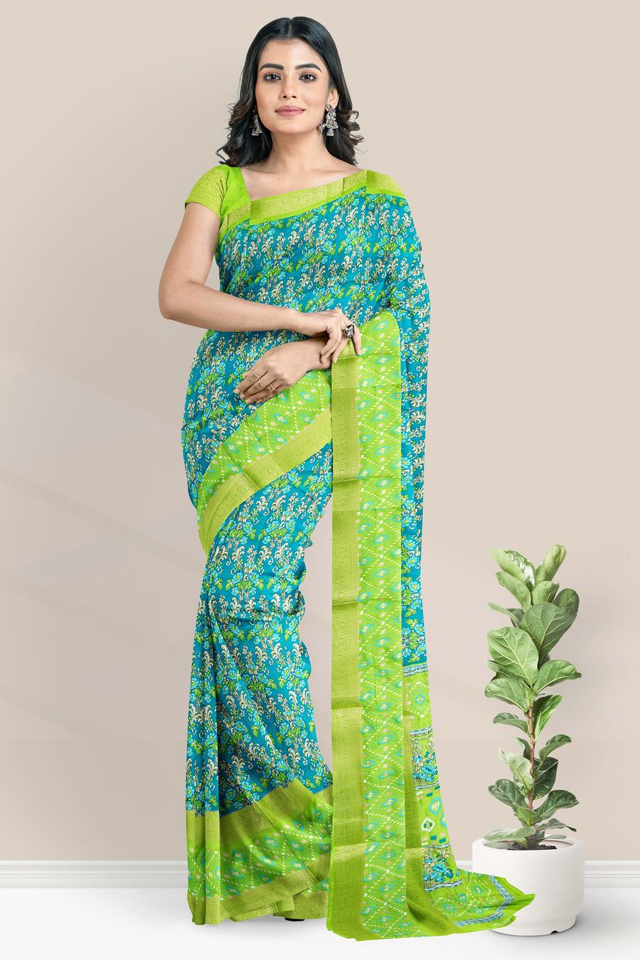 Fancy Silk Gold Zari And Floral Print Rama Green With Parrot Green Saree