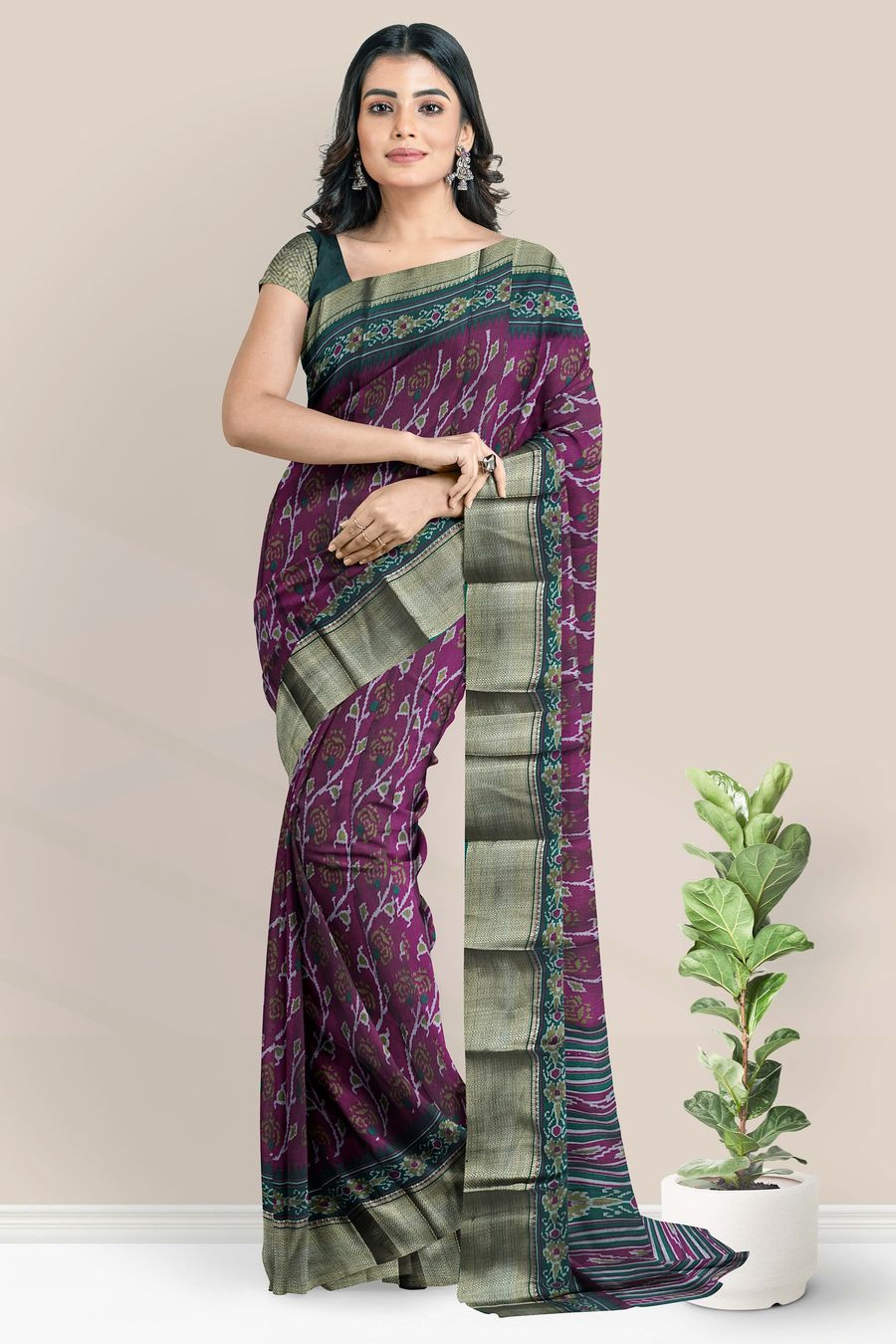 Soft Silk Brocade Border And Ikkath Print Magenta Pink With Green Saree