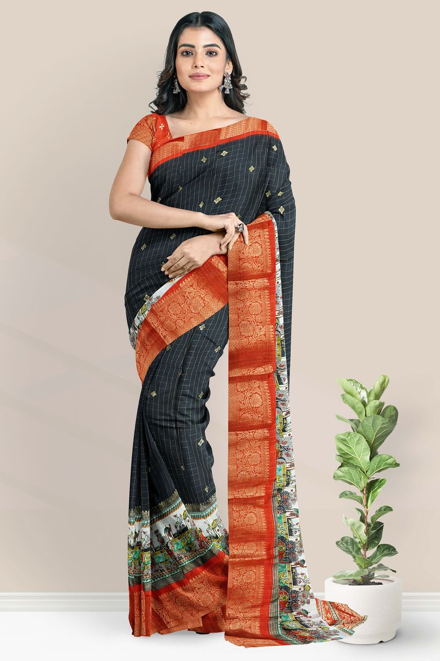 Soft Silk Printed Border And Checks Design Black With Red Saree