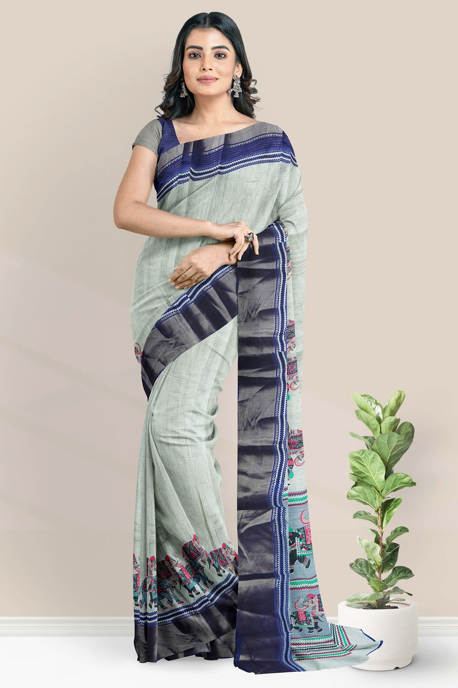 Semi Tussar Silk Brocade Border And Printed Design Ash With Navy Blue Saree