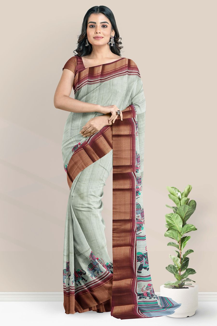Semi Tussar Silk Brocade Border And Printed Design Ash With Maroon Saree