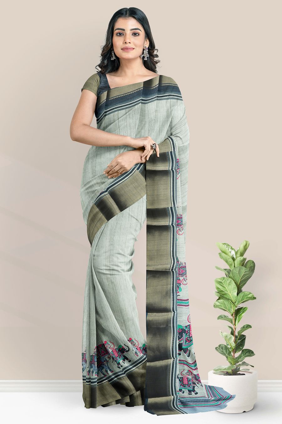 Semi Tussar Silk Brocade Border And Printed Design Ash With Black Saree