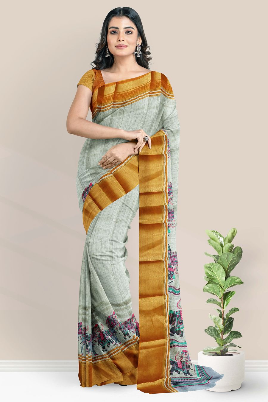 Semi Tussar Silk Brocade Border And Printed Design Ash With Mustard Yellow Saree