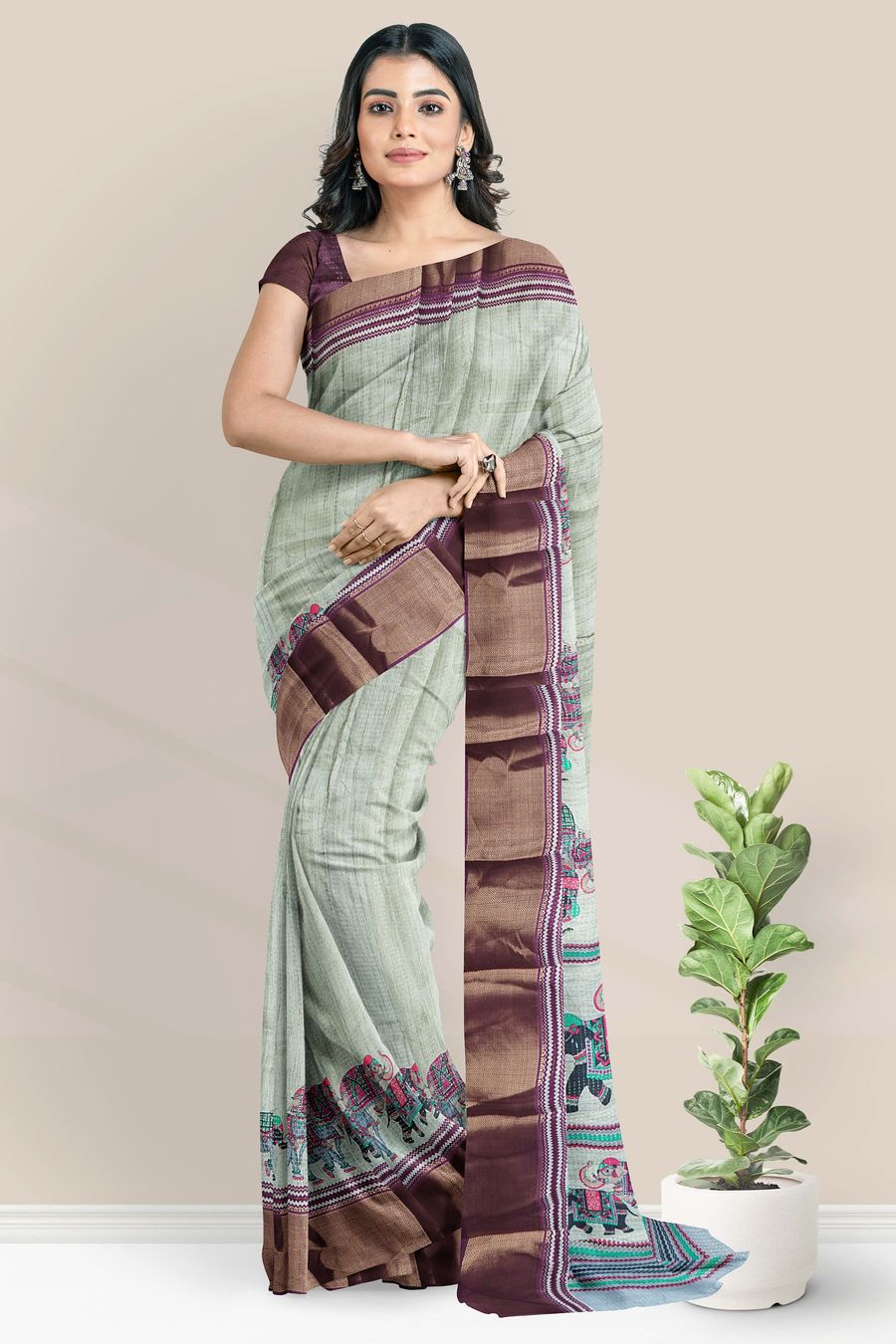 Semi Tussar Silk Brocade Border And Printed Design Ash With Magenta Pink Saree