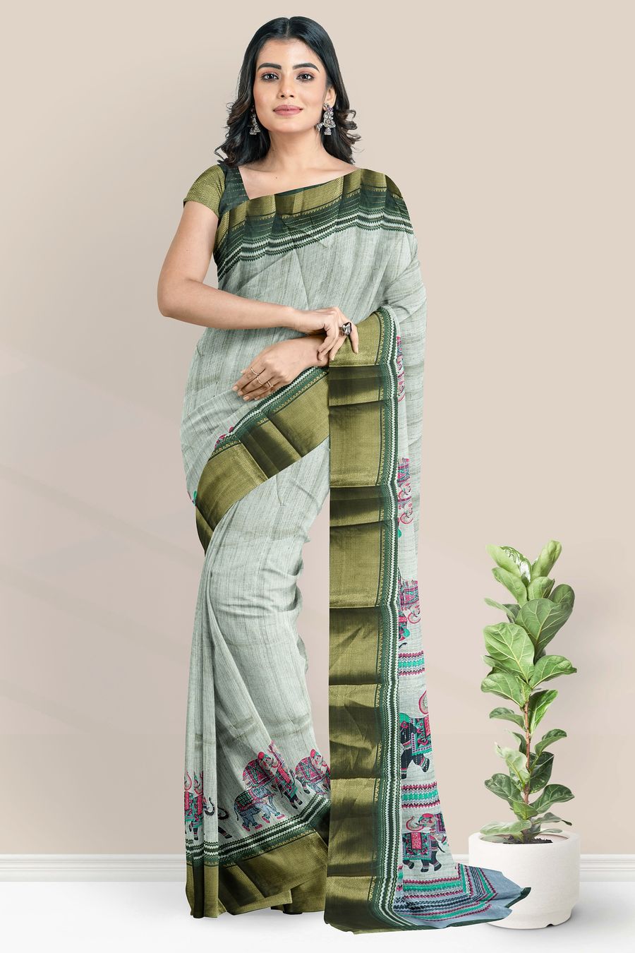 Semi Tussar Silk Brocade Border And Printed Design Ash With Dark Green Saree