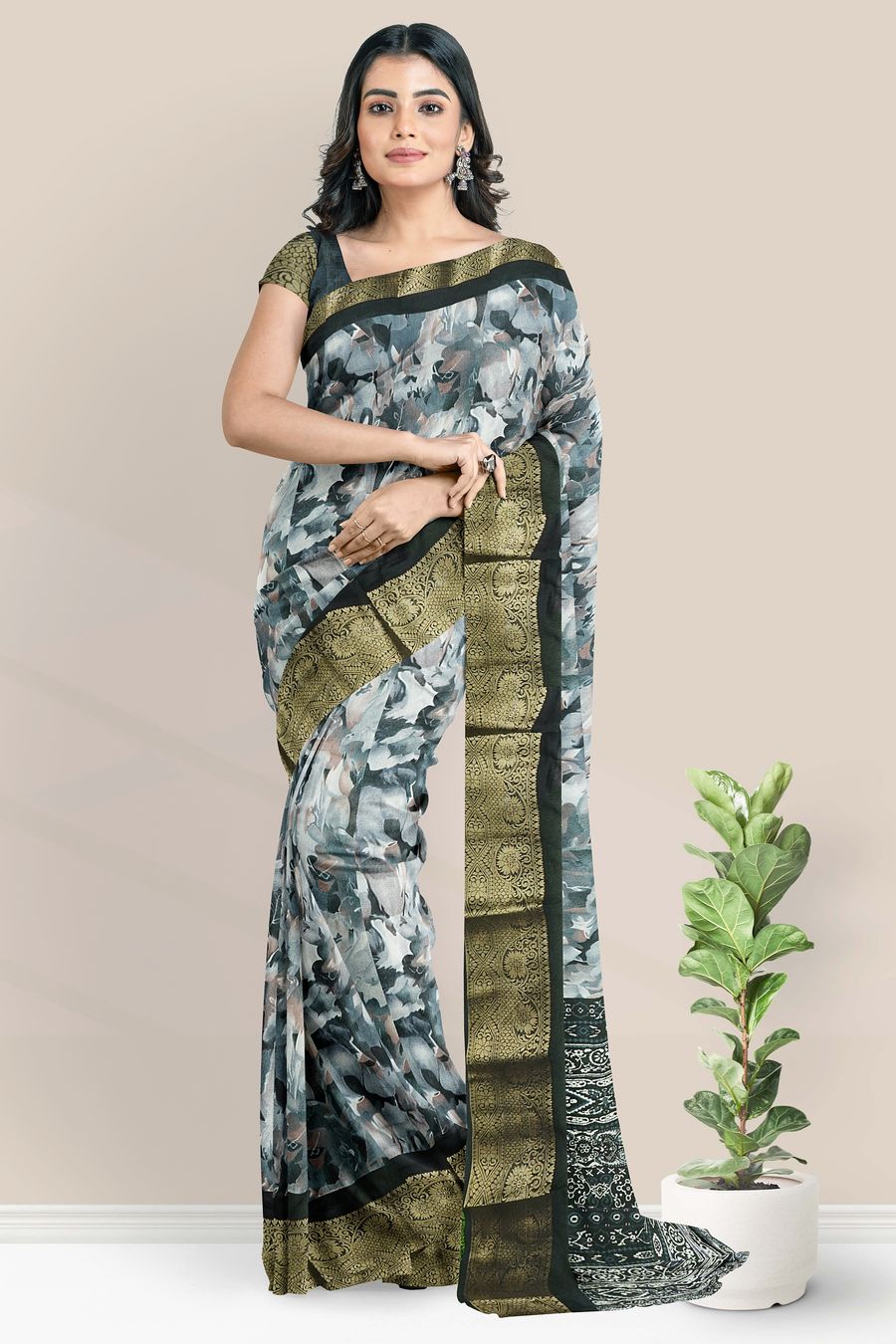 Georgette Gold Zari And Glass Digital Print Ash With Black Saree