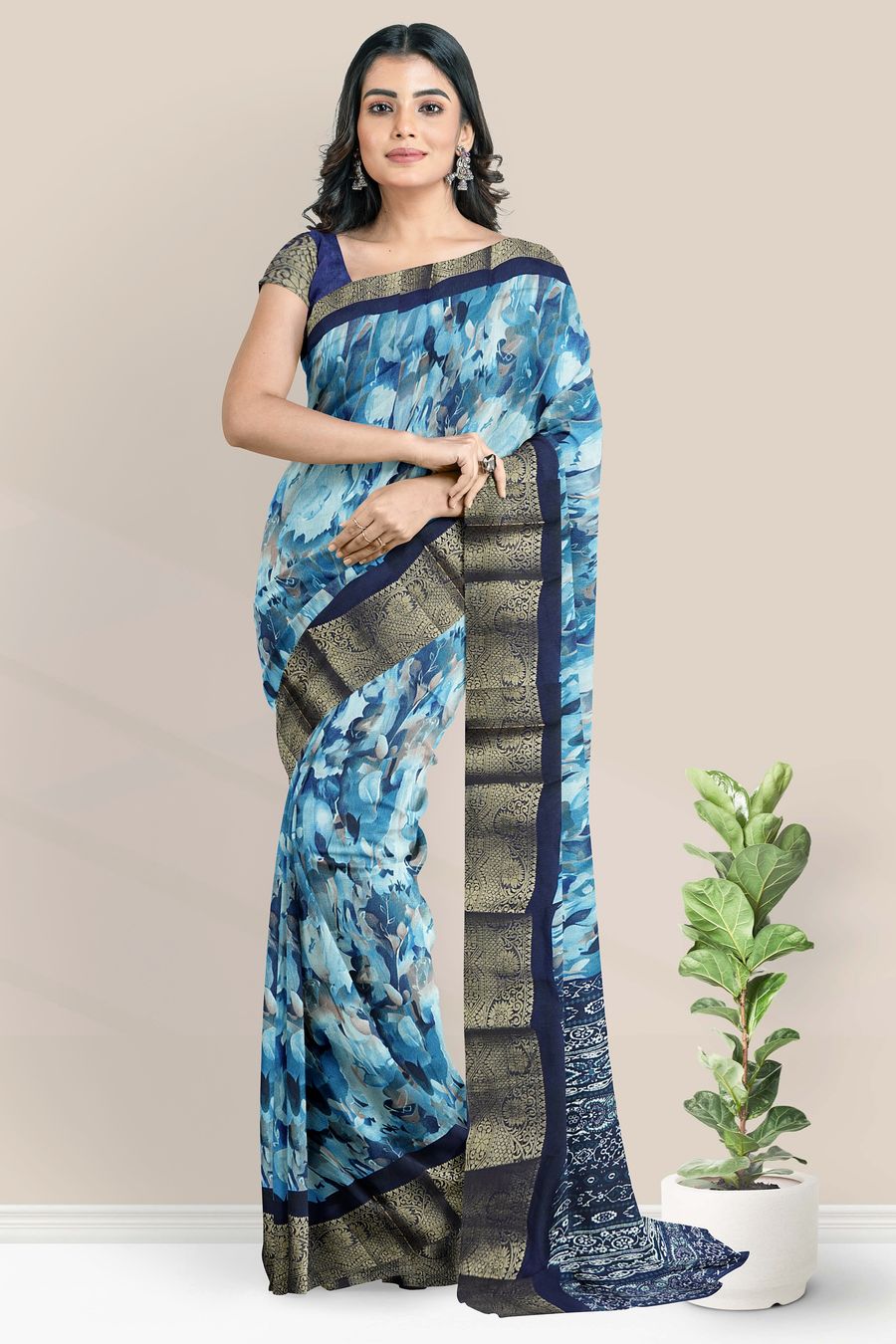 Georgette Gold Zari And Glass Digital Print Blue With Navy Blue Saree