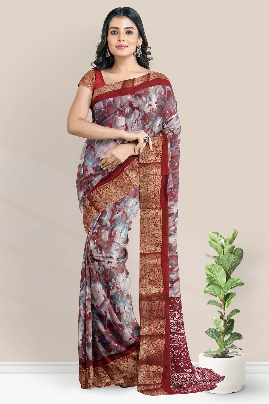 Georgette Gold Zari And Glass Digital Print Light And Dark Maroon Saree