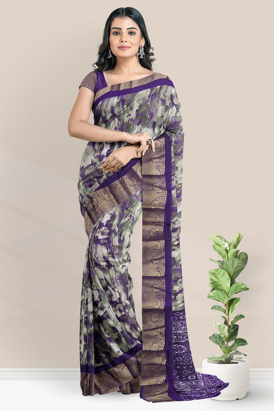Georgette Gold Zari And Glass Digital Print Light And Dark Purple Saree