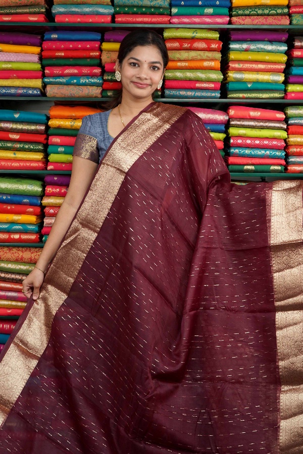 Kora Silk Zari Border Wine Saree