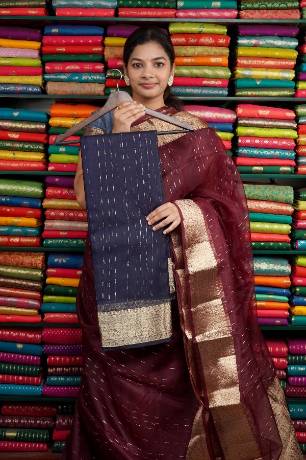 Kora Silk Zari Border Dark Navy Blue Saree