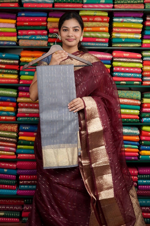 Kora Silk Zari Border Ash Saree