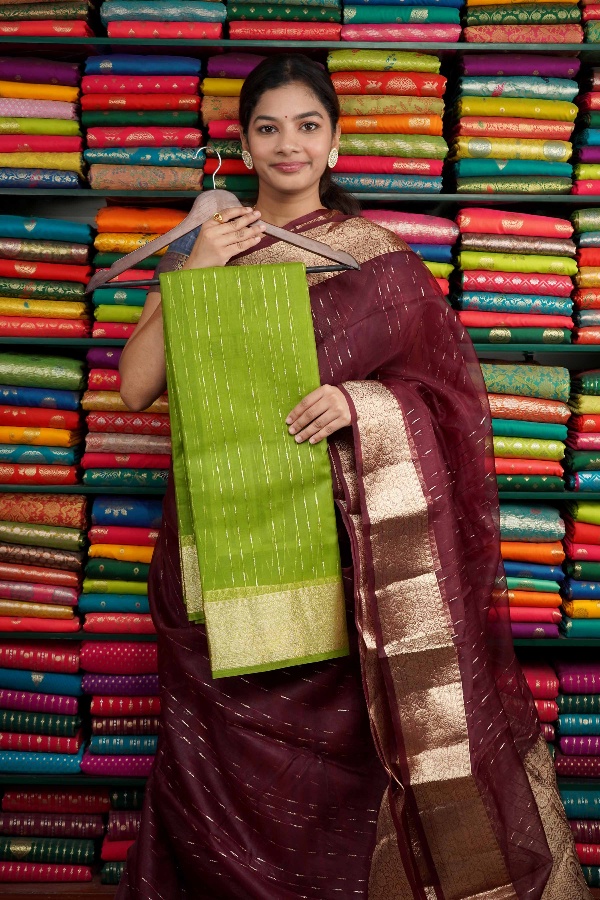 Kora Silk Zari Border Parrot Green Saree