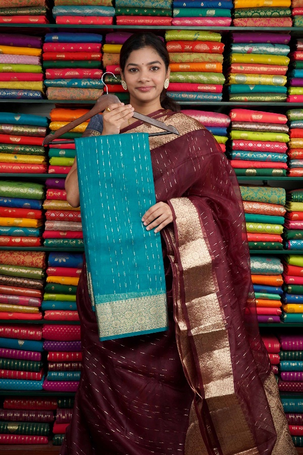 Kora Silk Zari Border Rama Blue Saree