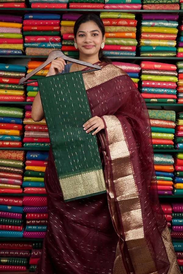Kora Silk Zari Border Bottle Green Saree