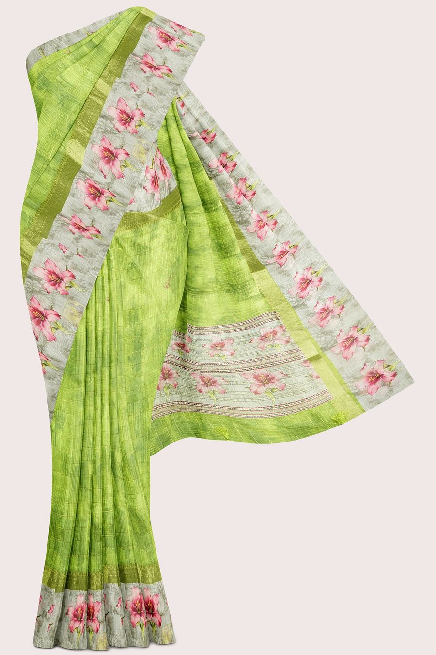 Silk Kota Printed Border And Gold Zari Lines Parrot Green Saree
