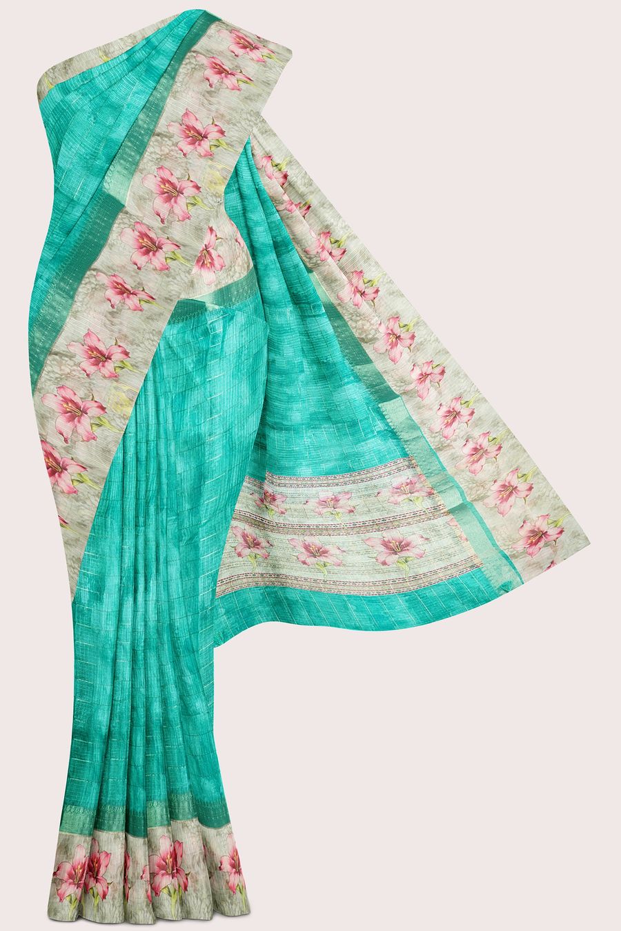 Silk Kota Printed Border And Gold Zari Lines Rama Green Saree