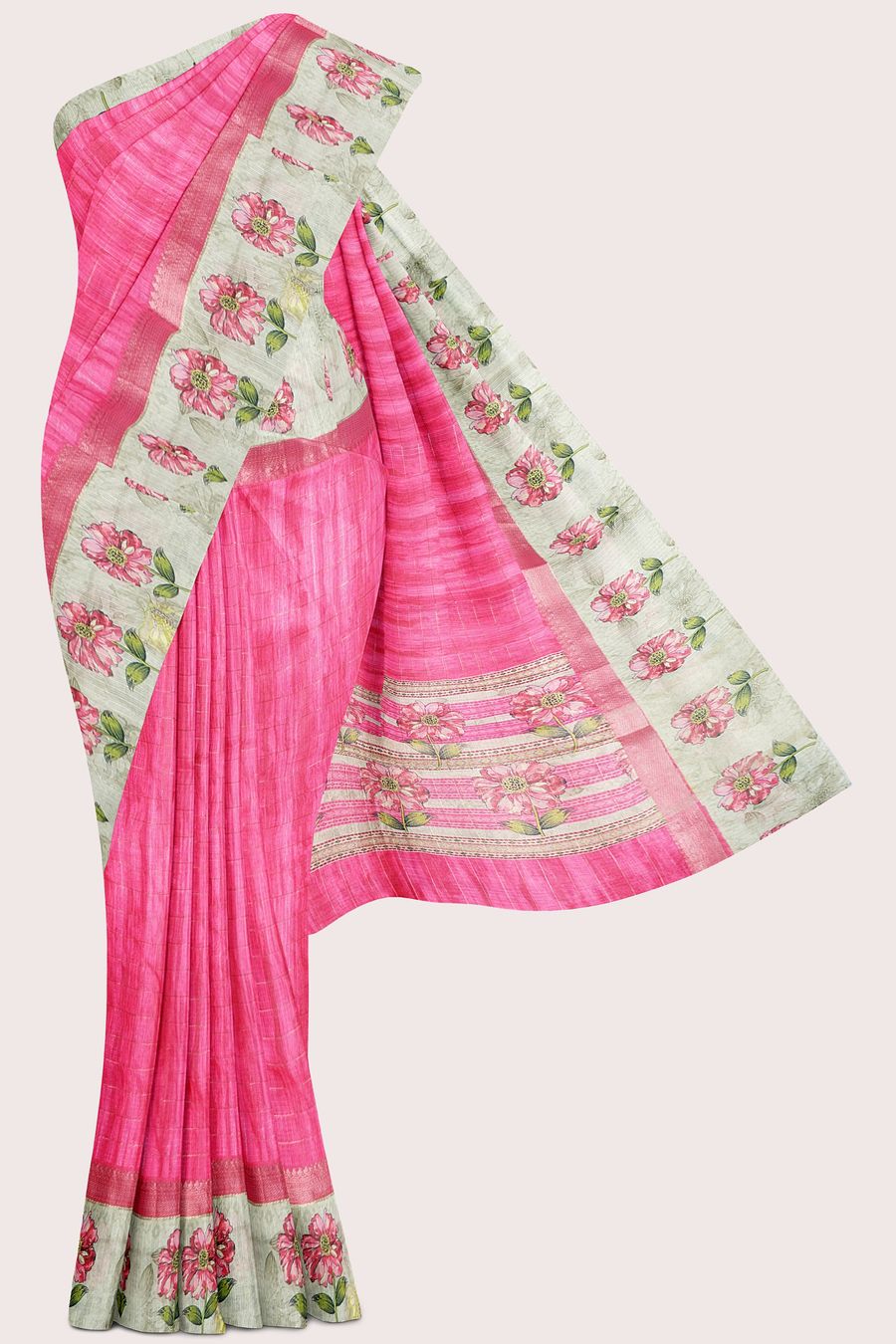 Silk Kota Printed Border And Gold Zari Lines Bright Pink Saree