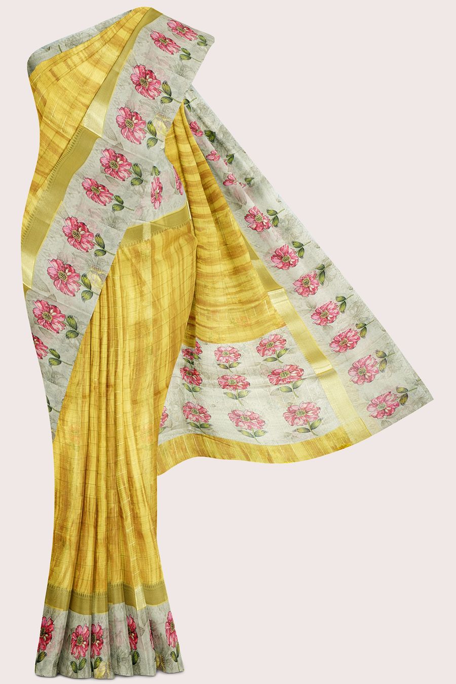 Silk Kota Printed Border And Gold Zari Lines Yellow Saree