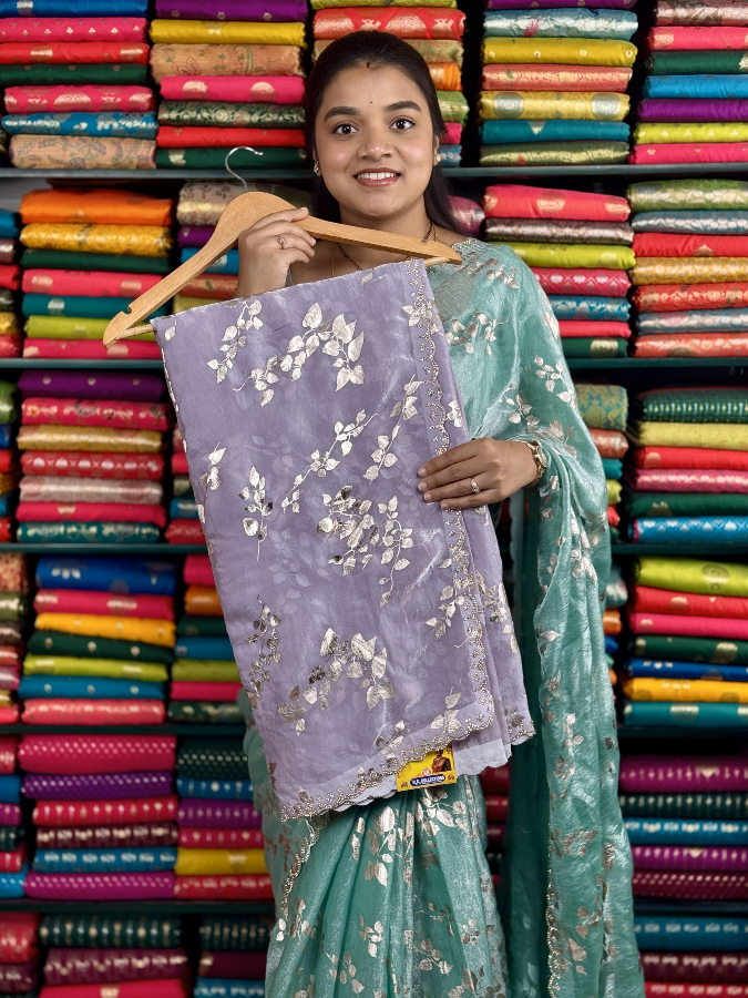 Shimmer Tissue Galaxy Stone Border Foil Print Lavender Saree