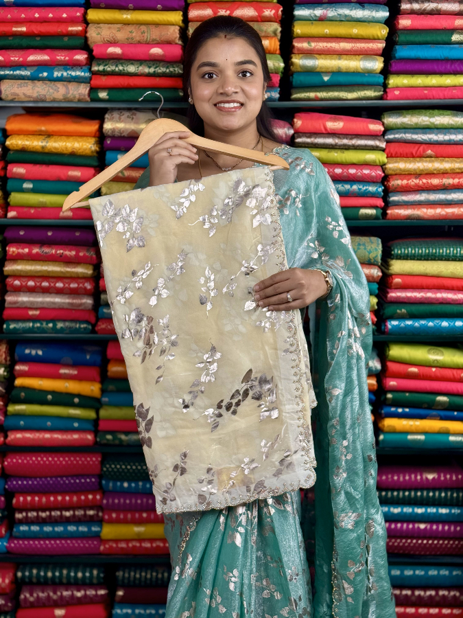 Shimmer Tissue Galaxy Stone Border Foil Print Dark Cream Saree