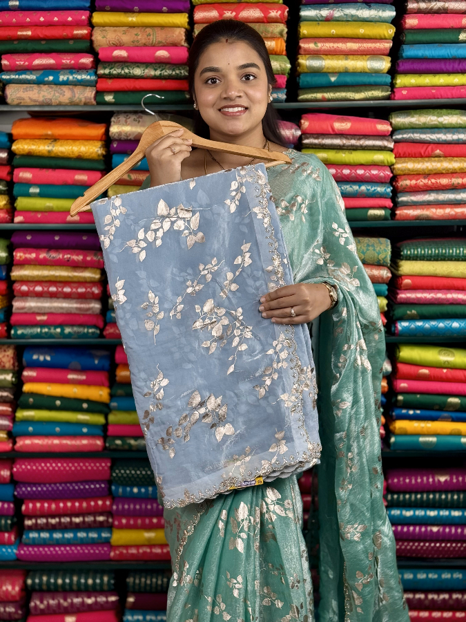 Shimmer Tissue Galaxy Stone Border Foil Print Pastel Blue Saree