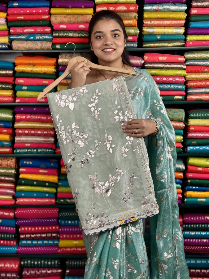 Shimmer Tissue Galaxy Stone Border Foil Print Light Mint Green Saree