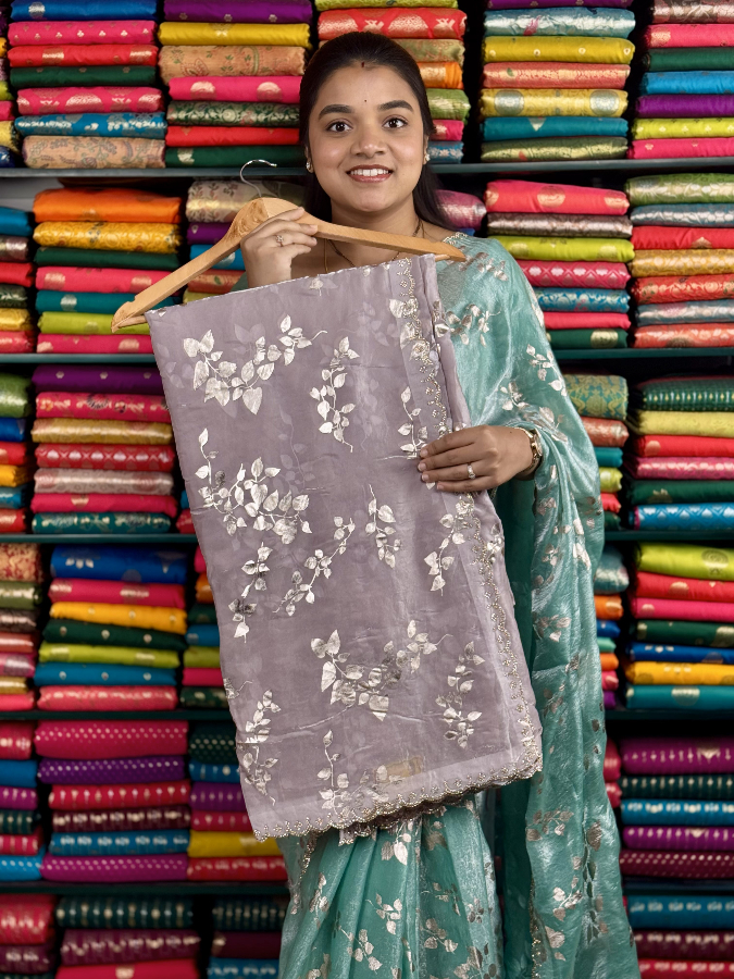 Shimmer Tissue Galaxy Stone Border Foil Print Lilac Saree
