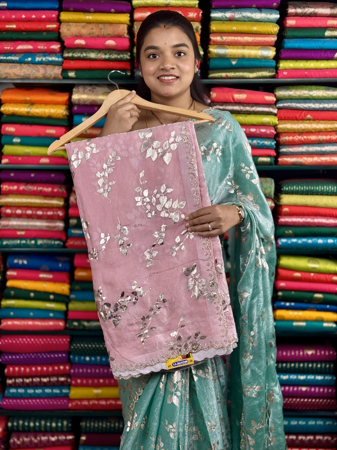 Shimmer Tissue Galaxy Stone Border Foil Print Light Pink Saree