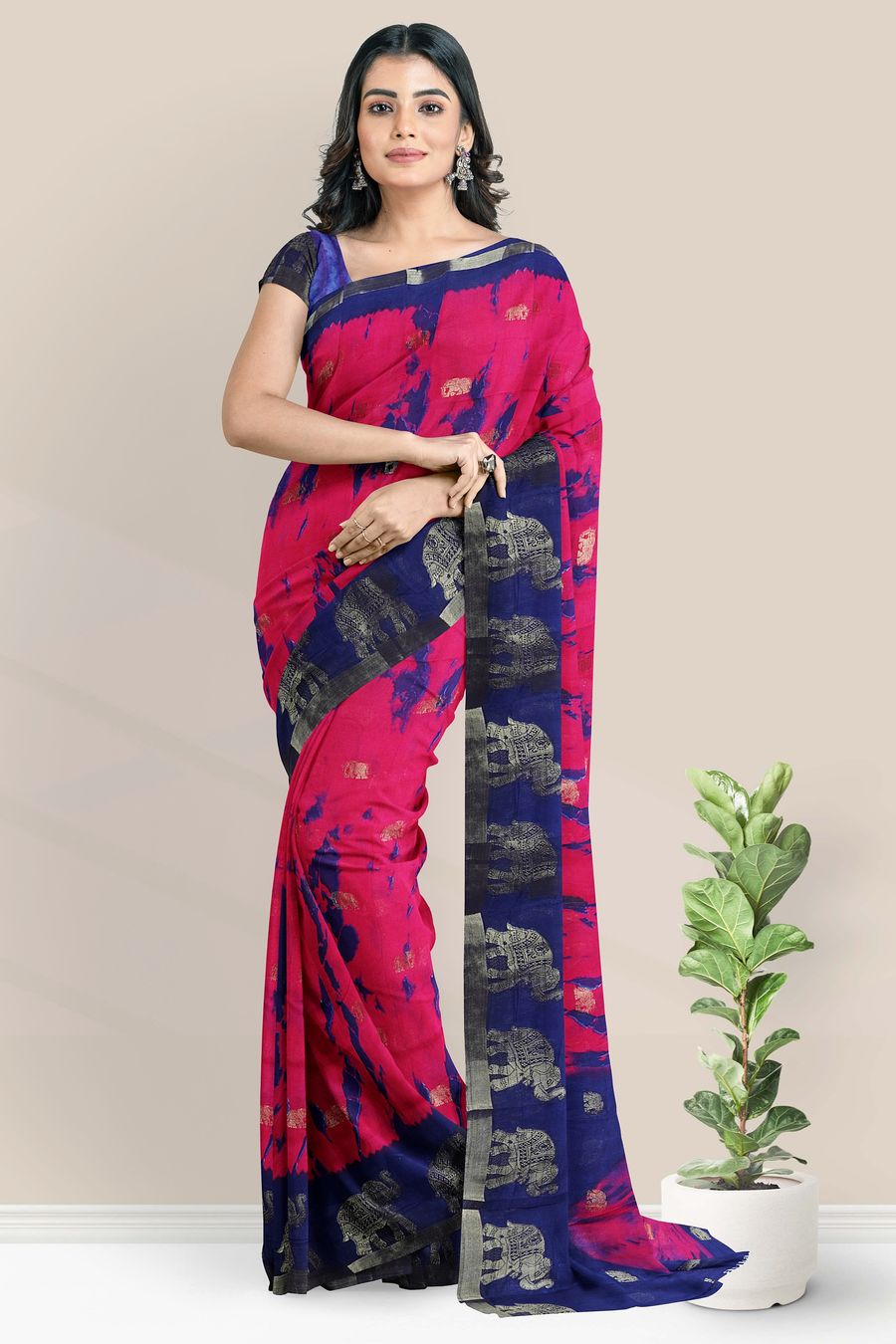 Jute Silk Brocade Border And Shibori Design Pink With Navy Blue Saree