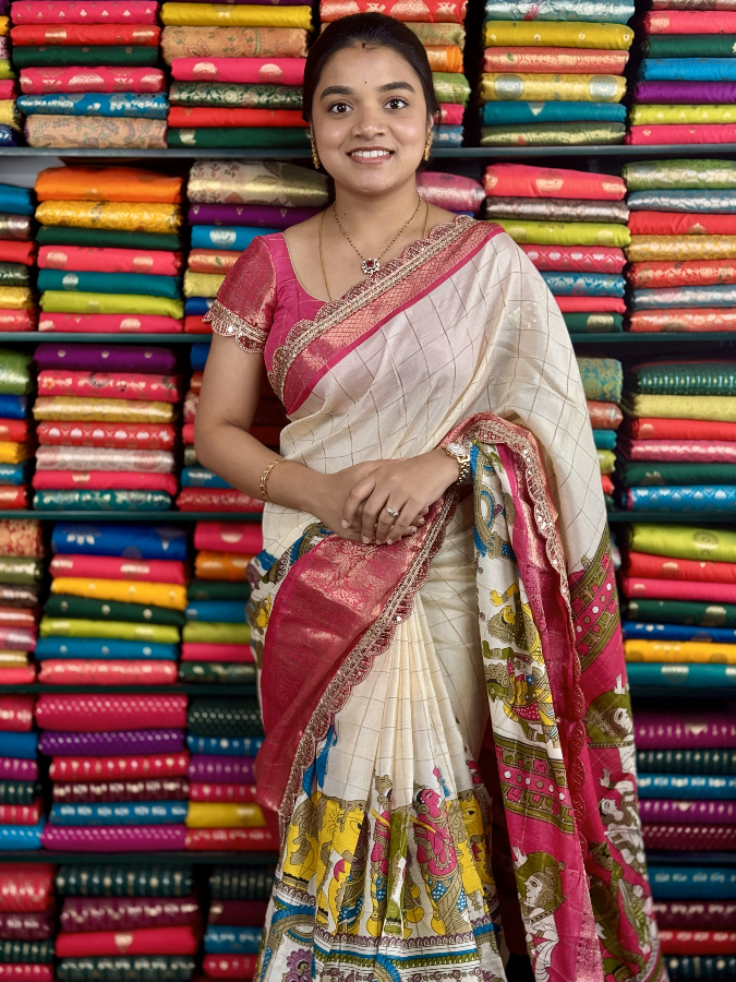 Fancy Silk Scallop Less Border Kalamkari Print Cream And Pink Saree