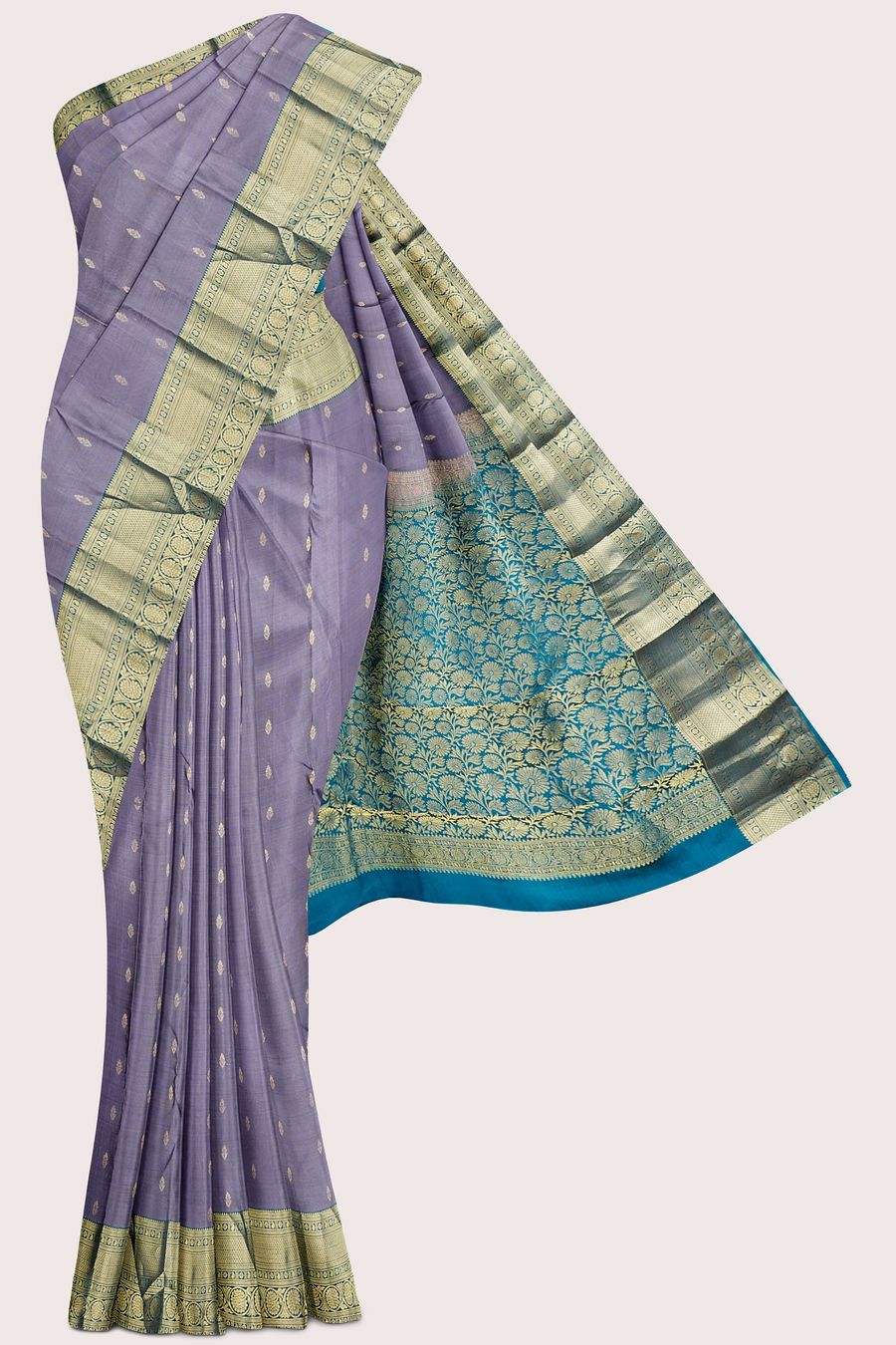 Light Weight Kanchi Pattu Lavender With Peacock Green Saree
