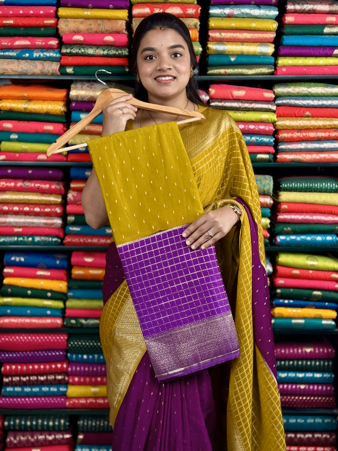Pure Banarasi Georgette Checks With Butta Menti Yellow And Purple Saree