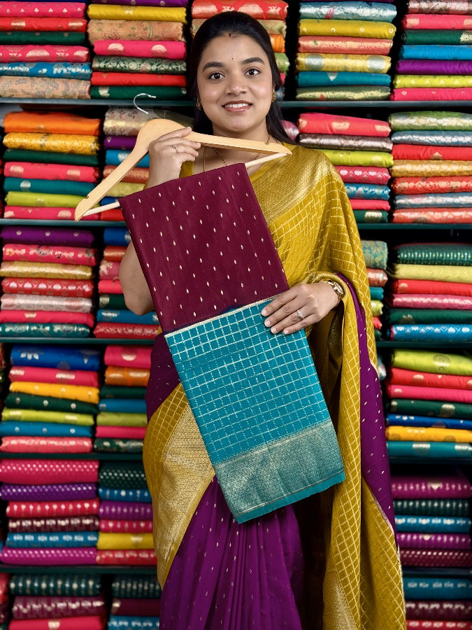Pure Banarasi Georgette Checks With Butta Wine And CopperSulphateBlue Saree