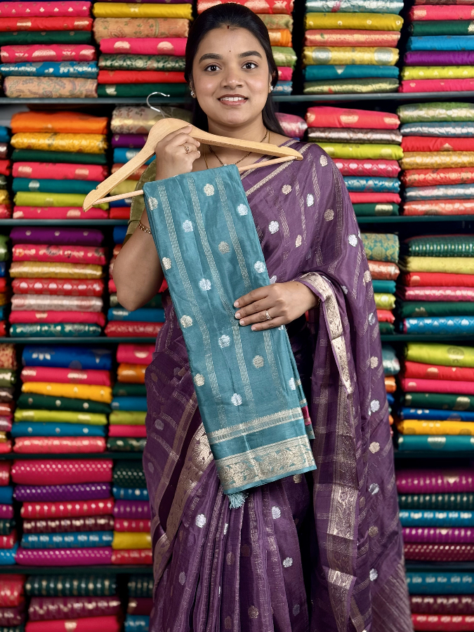 Georgette Crepe Solver And Antique Butta TeelBlue And Pink Saree