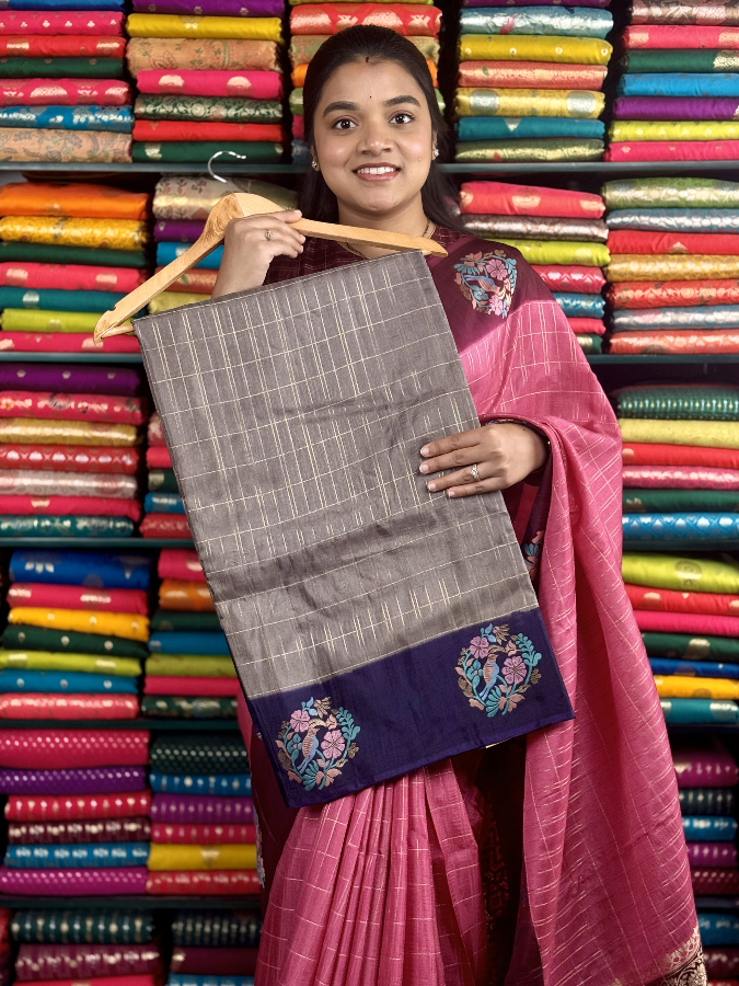 Mashru Silk Dye With Meenakari Border Gray And NavyBlue Saree