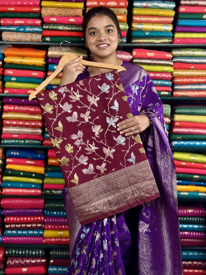 Mashru Silk Floral Meenakari AllOver Wine Saree