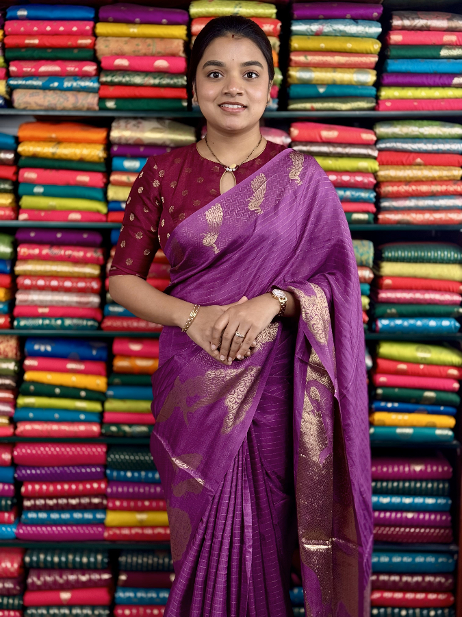 Fancy Silk Lines With Peacock Border Onion Pink And Wine Saree