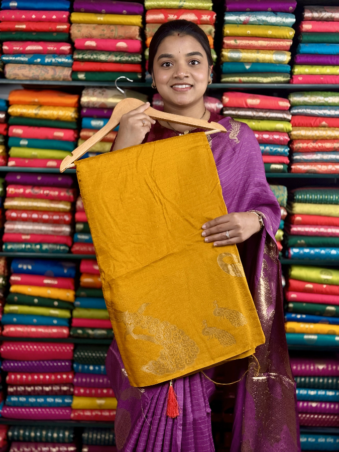 Fancy Silk Lines With Peacock Border Yellow And Red Saree