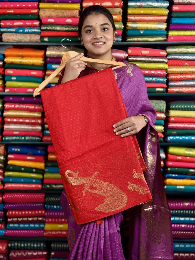 Fancy Silk Lines With Peacock Border Red And Green Saree