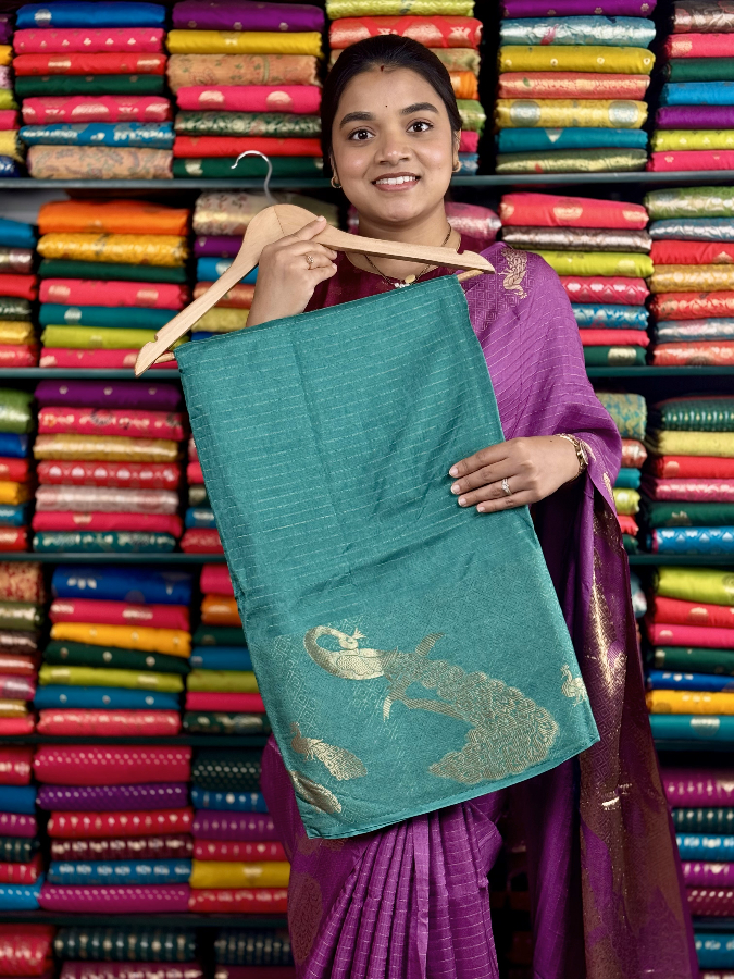 Fancy Silk Lines With Peacock Border TeelGreen And NavyBlue Saree
